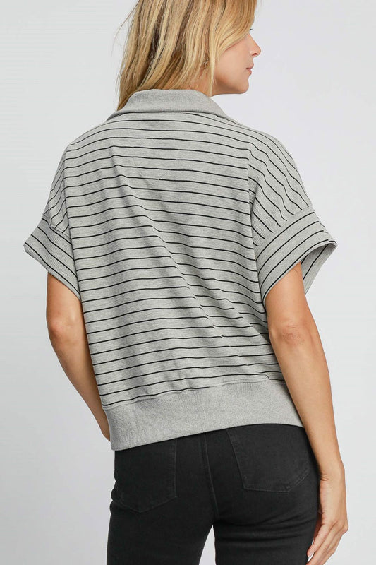 Striped Half Zip Short Sleeve Sweatshirt - Gray