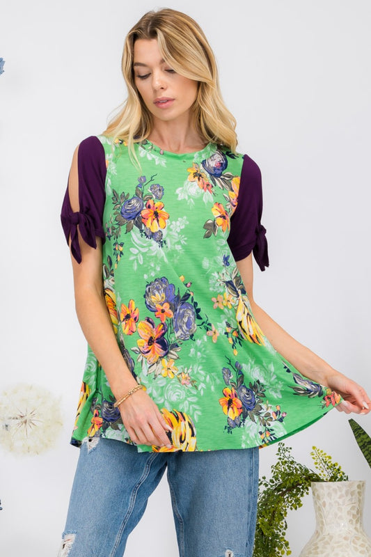 Open Tie Sleeve Round Neck Floral Blouse