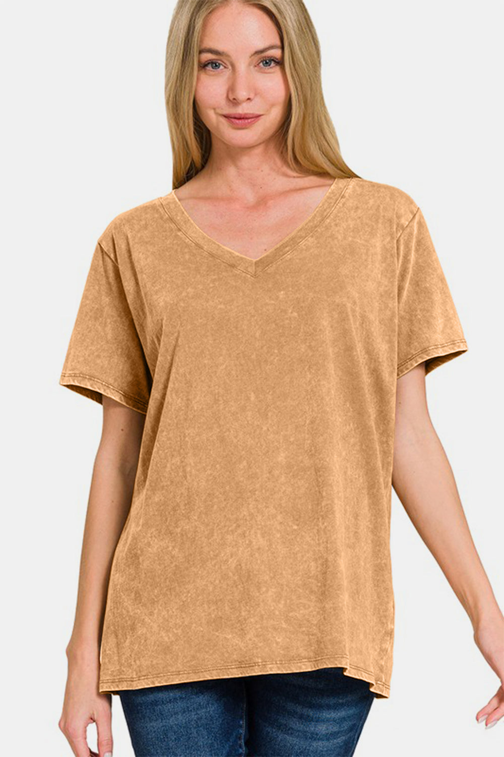 Washed Short Sleeve V-Neck T-Shirt - Camel