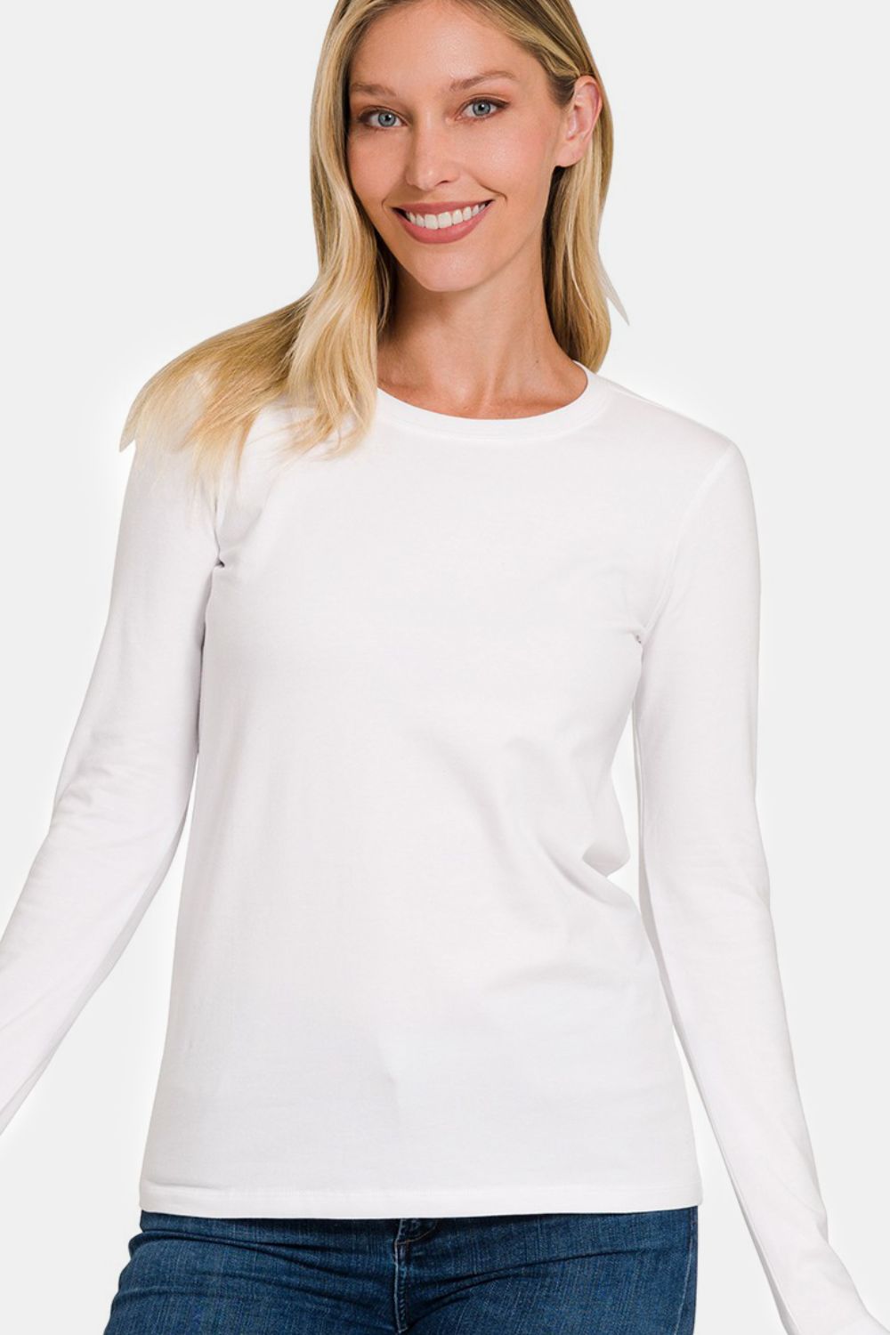 Solid Color Round Neck Long Sleeve T-Shirt - White