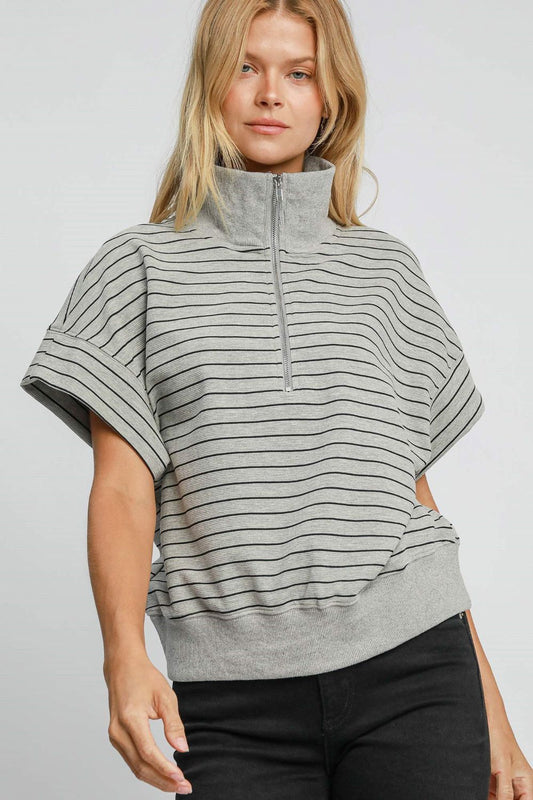 Striped Half Zip Short Sleeve Sweatshirt - Gray