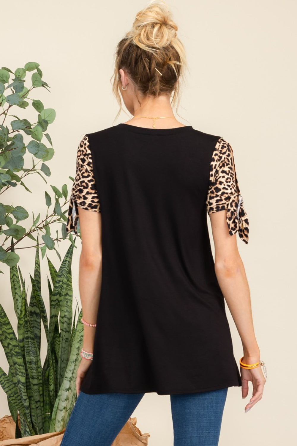 Open Tie Sleeve Leopard Color Blocked Top