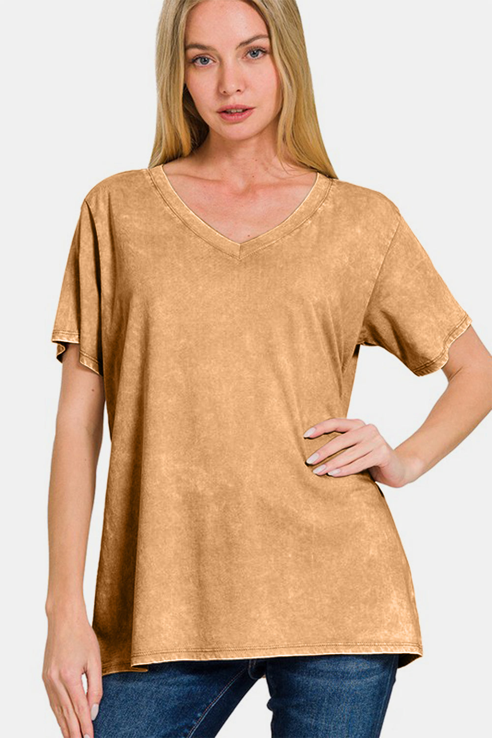 Washed Short Sleeve V-Neck T-Shirt - Camel