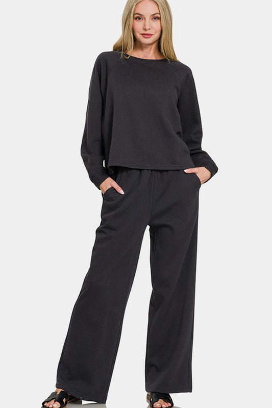 Round Neck Raglan Sleeve Top and Elastic Waist Pants Set - Black