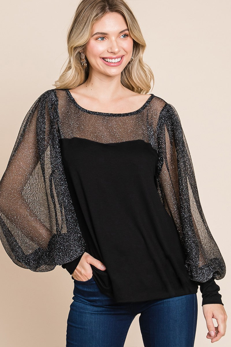 Metallic Mesh Lantern Sleeve Blouse