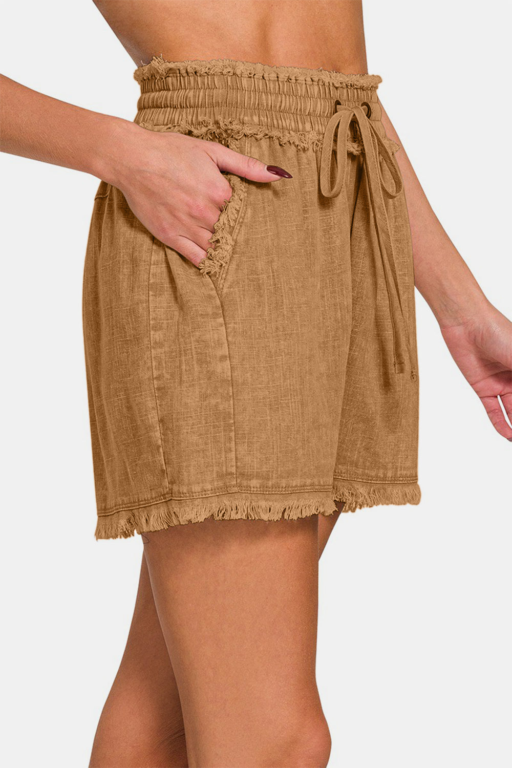 Washed Linen Frayed Hem Drawstring Shorts