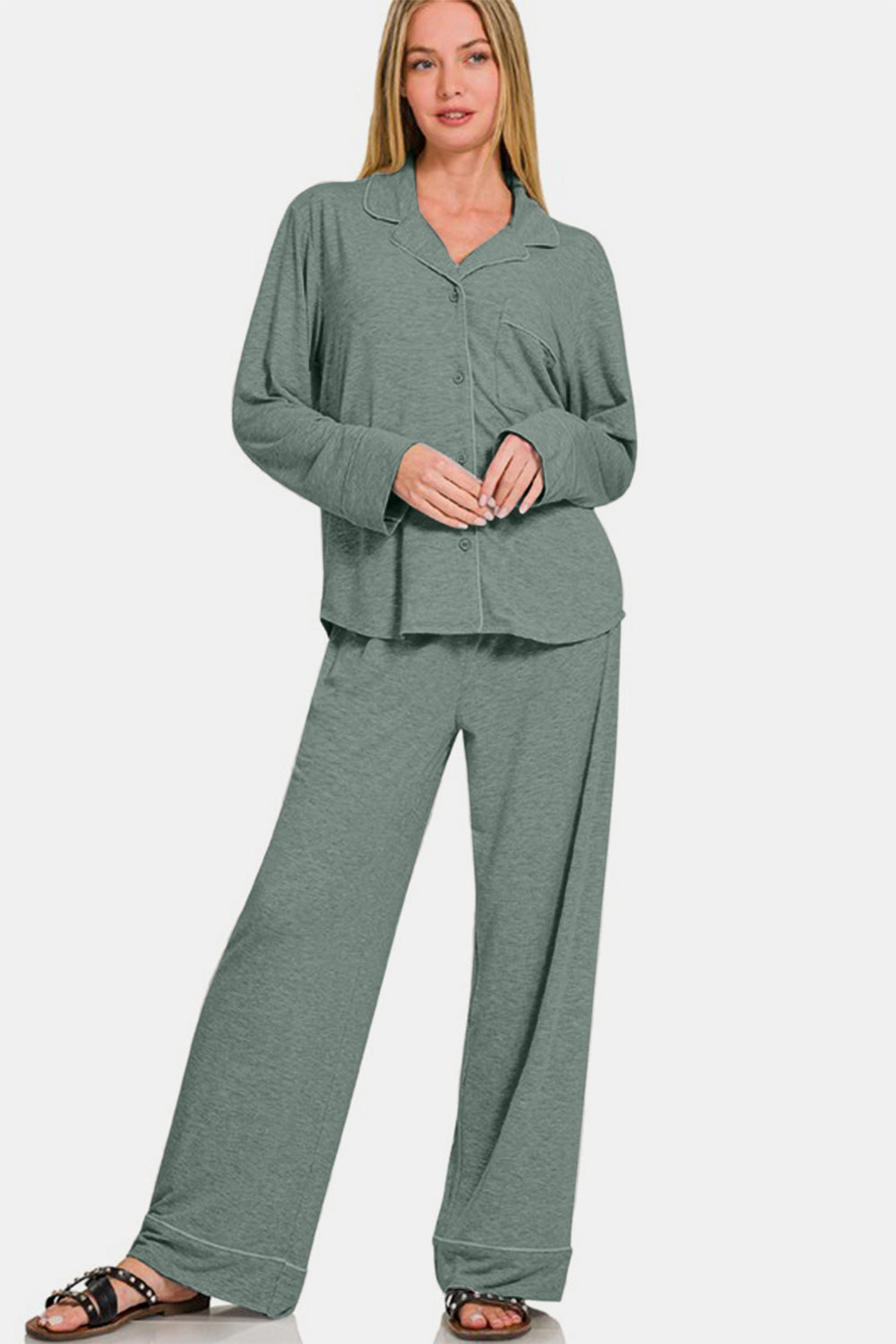 Button Down Long Sleeve Top and Pants Lounge Set - Sage