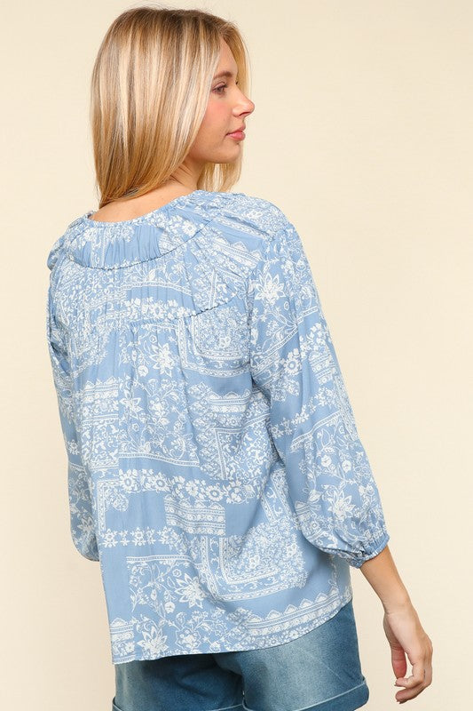 Printed Notched Balloon Sleeve Blouse