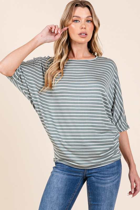 Striped Boat Neck Dolman Sleeve Top - Olive