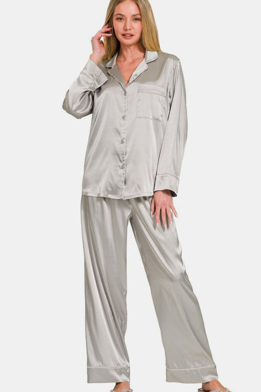 Satin Long Sleeve Shirt and Pants Pajama Set - Silver