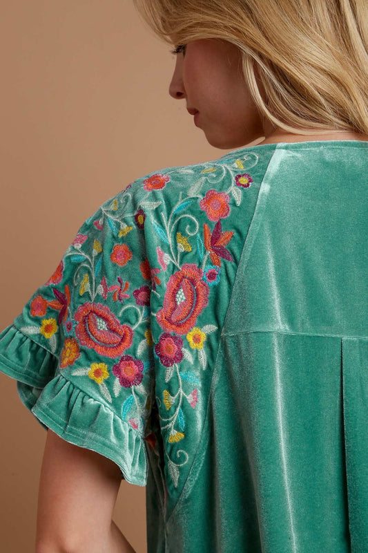 Velvet Embroidery Short Sleeve Blouse - Turquoise