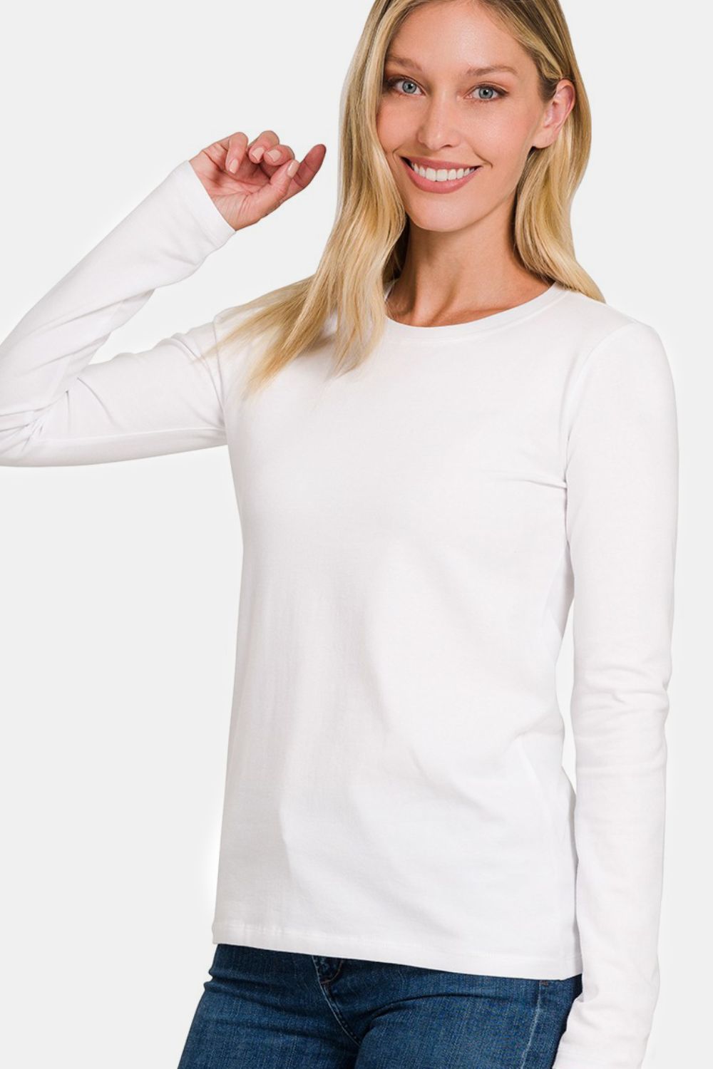 Solid Color Round Neck Long Sleeve T-Shirt - White