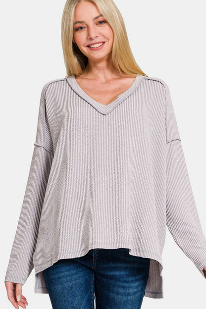 Texture Exposed Seam V-Neck Long Sleeve T-Shirt - Gray