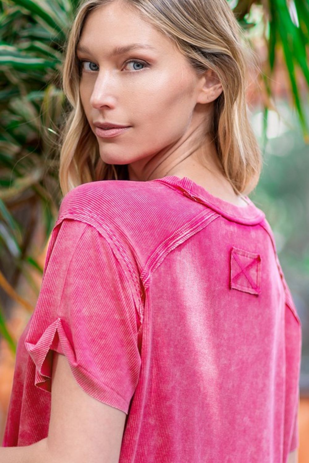 Washed Ribbed Short Sleeve Top - Hot Pink