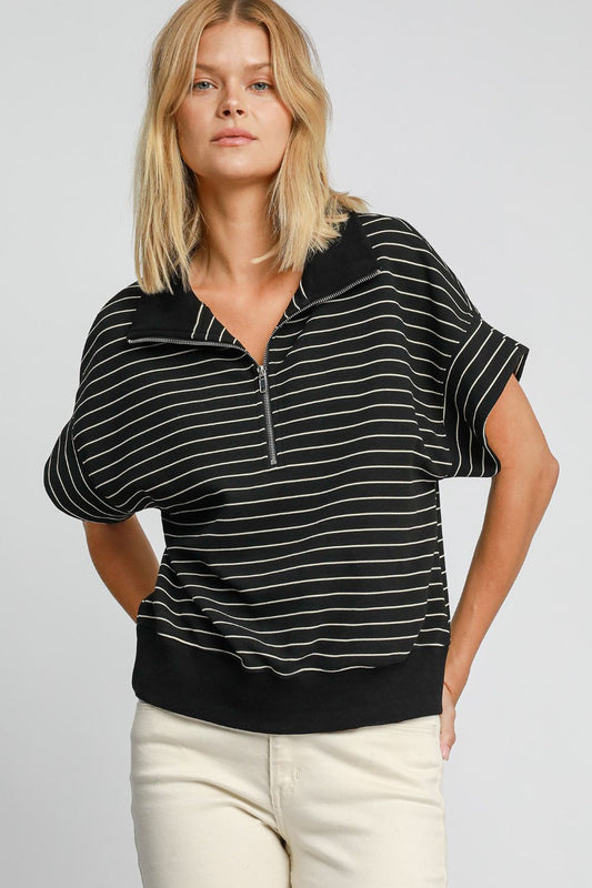 Striped Half Zip Short Sleeve Sweatshirt - Black