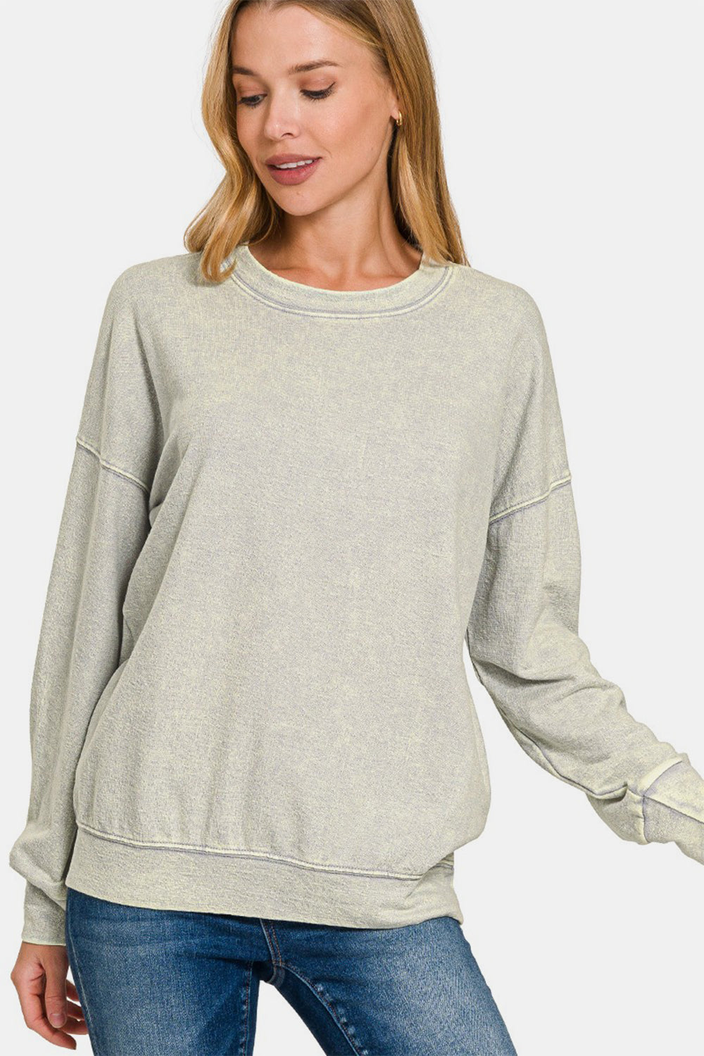 Washed Round Neck Dropped Shoulder Sweatshirt - Grey