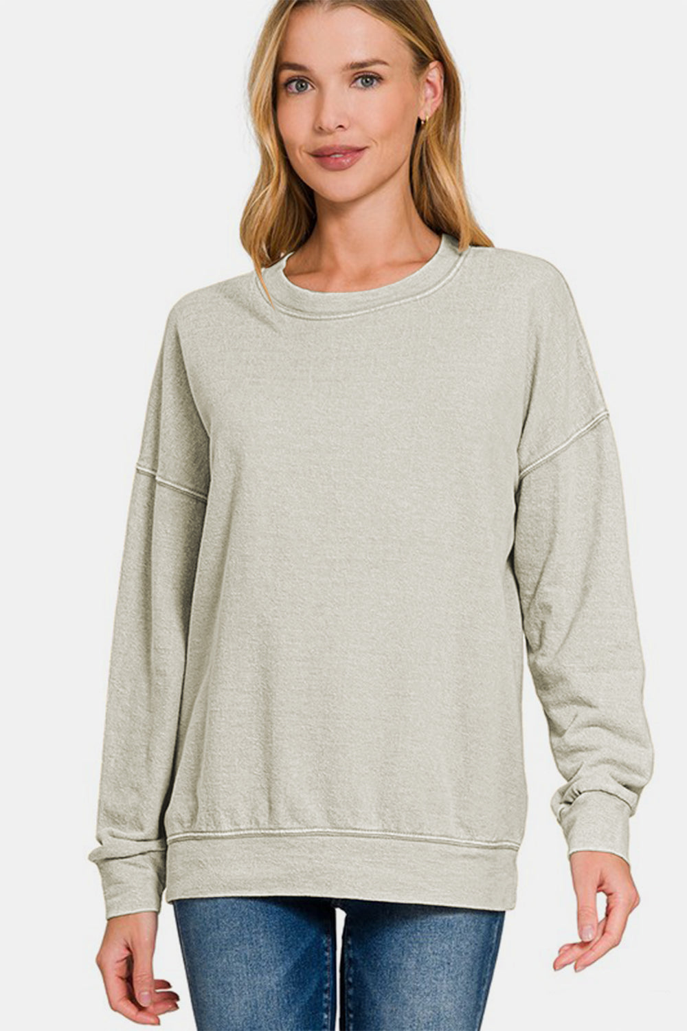 Washed Round Neck Dropped Shoulder Sweatshirt - Grey