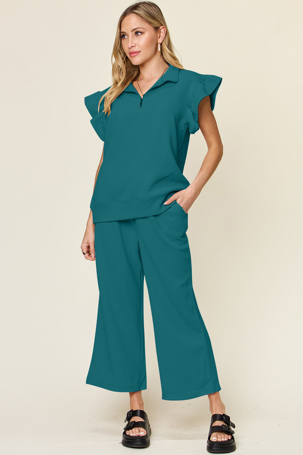 Texture Ruffle Short Sleeve Top and Drawstring Wide Leg Pants Set - 11 Colors