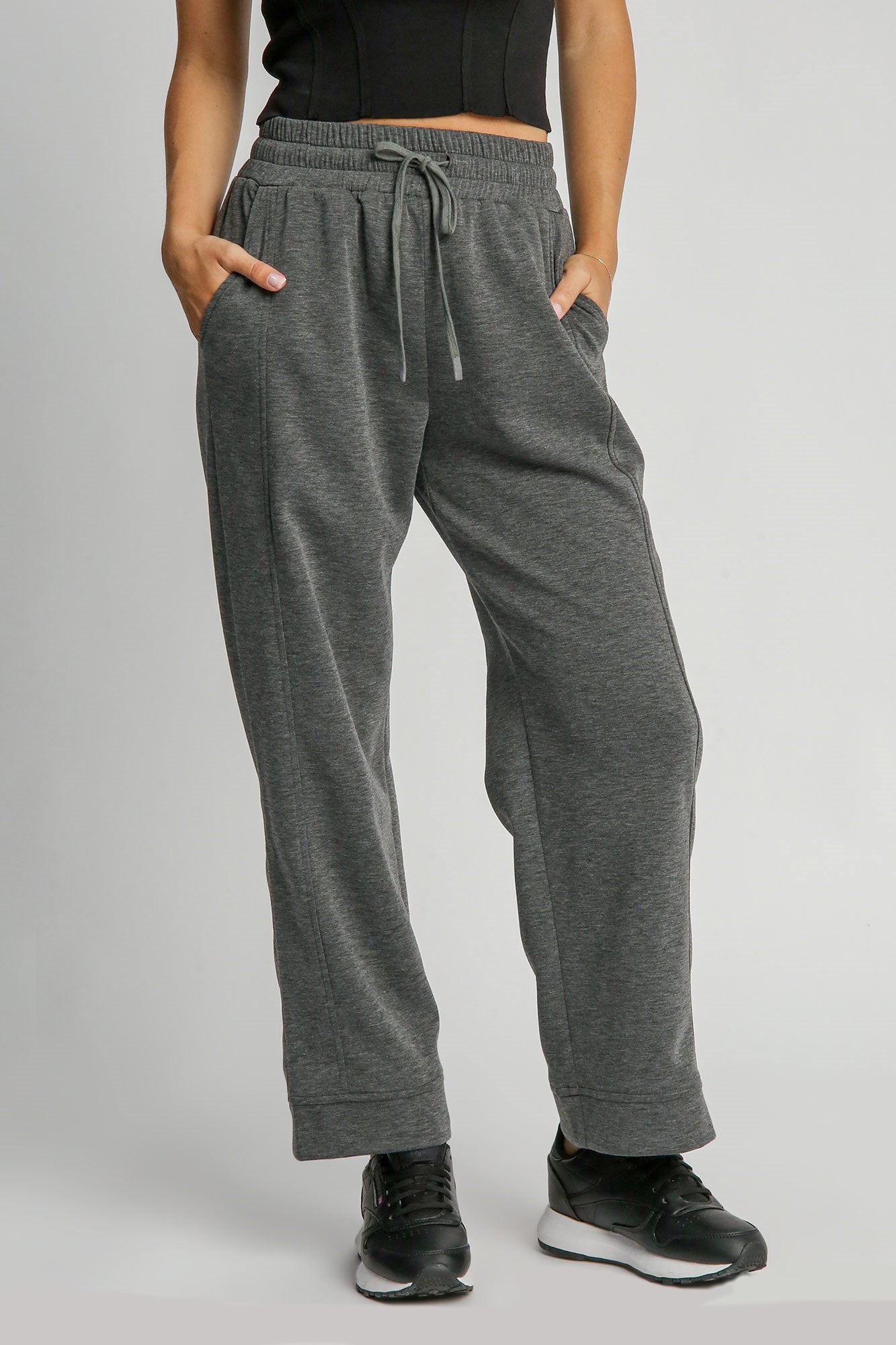 Drawstring Wide Leg Pants with Pockets - Gray