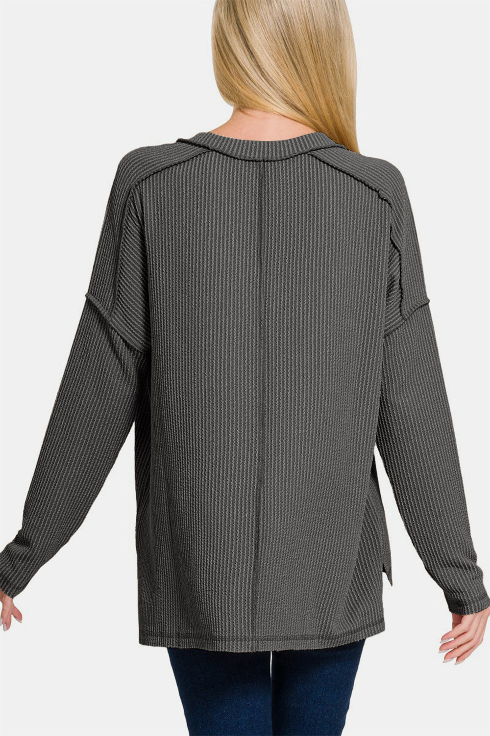 Texture Exposed Seam V-Neck Long Sleeve T-Shirt - Charcoal