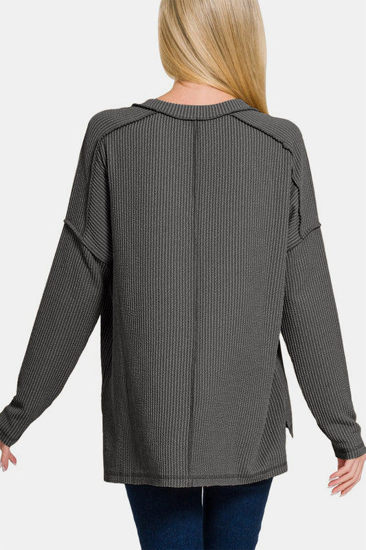 Texture Exposed Seam V-Neck Long Sleeve T-Shirt - Charcoal