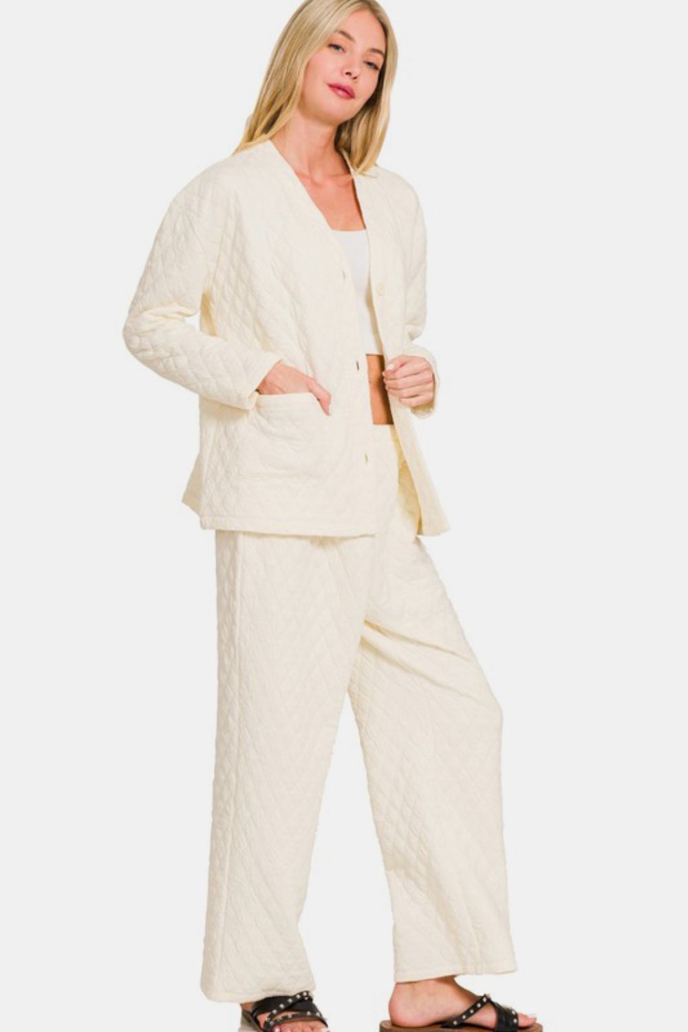 Quilted Button Up Long Sleeve Top and Pants Lounge Set - Cream