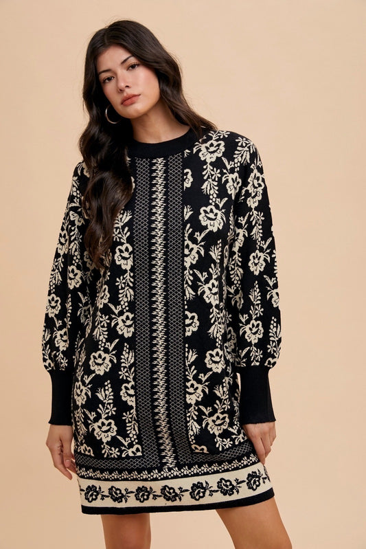 Floral Jacquard Round Neck Sweater Dress