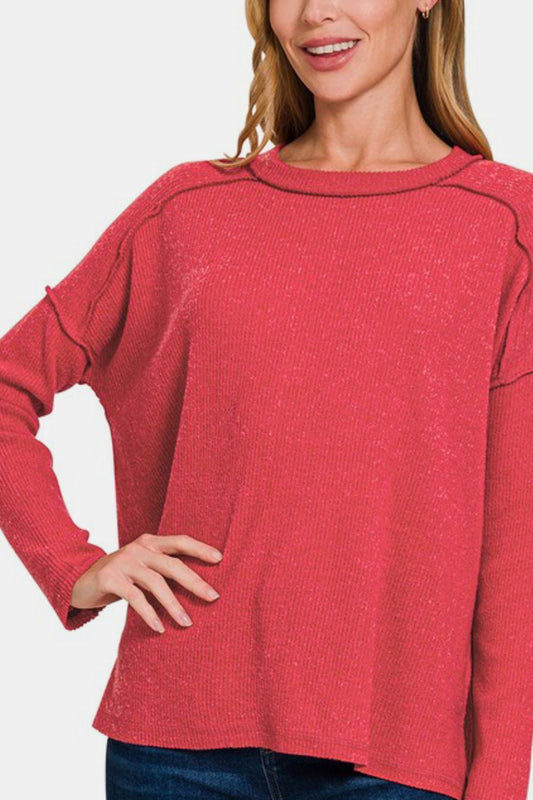 Exposed Seam Brushed Round Neck Sweater - Red