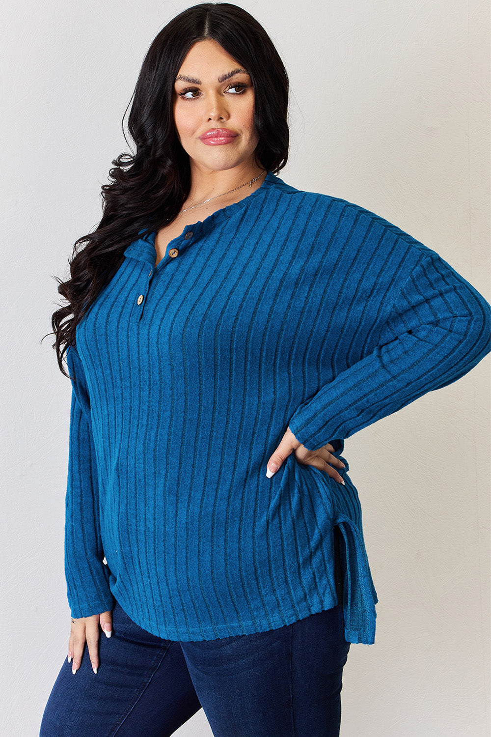 Ribbed Half Button Long Sleeve High-Low T-Shirt - 5 Colors