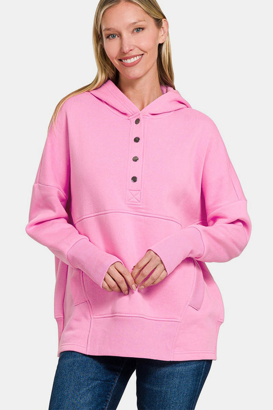 Half Snap Long Sleeve Hoodie with Kangaroo Pocket - Pink