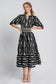 Bow Tie Print Notched Contrast Velvet Trim Midi Dress