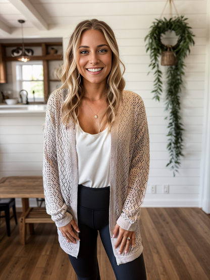 Neutral Pointelle Knit Cardigan