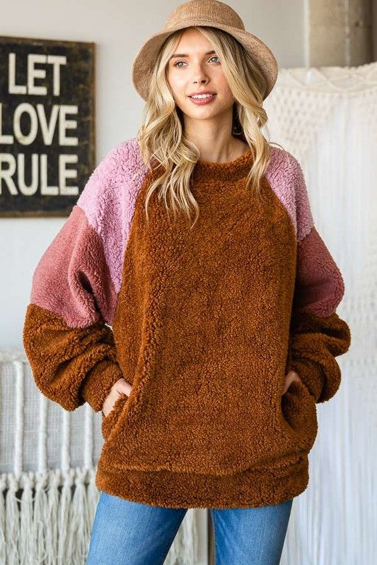 Color Block Faux Fur Raglan Sleeve Sweatshirt - Brown