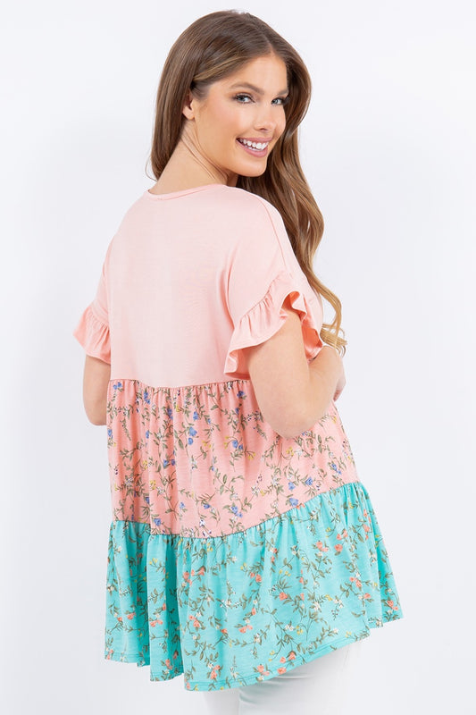 Floral Color Block Ruffled Short Sleeve Top