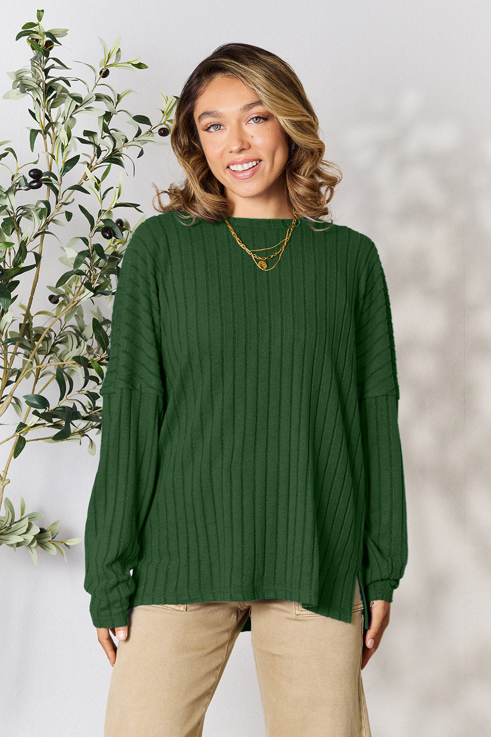 Ribbed Round Neck Slit Knit Top - 5 Colors