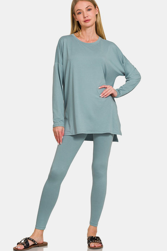 Brushed Microfiber Top and Leggings Lounge Set - Blue Grey