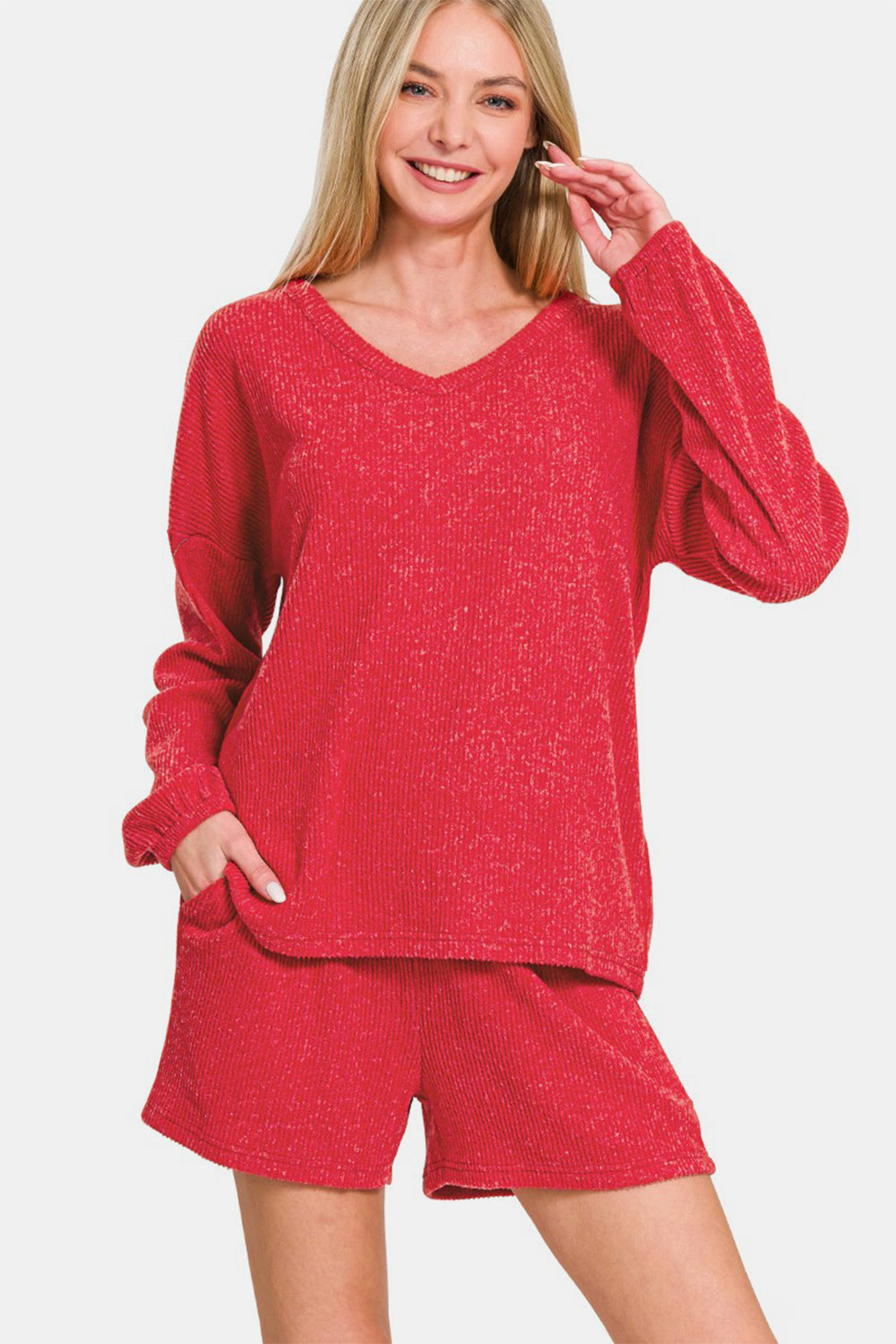 V-Neck Long Sleeve Ribbed Top and Shorts Set - Red