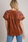 Velvet Embroidery Short Sleeve Blouse - Brown