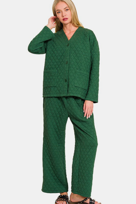 Quilted Button Up Long Sleeve Top and Pants Lounge Set - Green