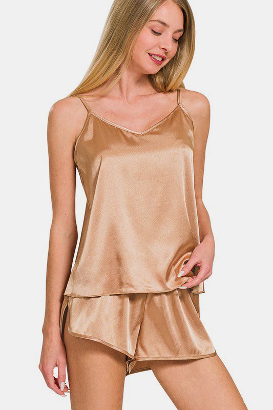 V-Neck Satin Cami and Elastic Waist Shorts Lounge Set