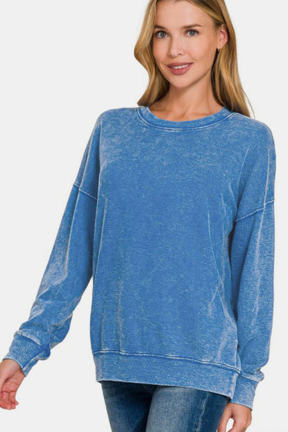 Washed Round Neck Dropped Shoulder Sweatshirt - Blue