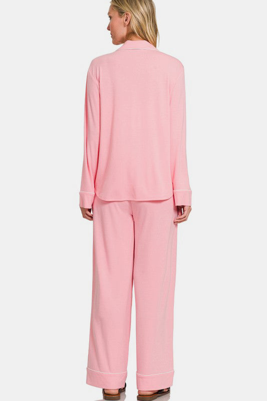 Button Down Long Sleeve Top and Pants Lounge Set - Pink