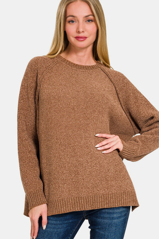 Side Slit Raglan Sleeve Sweater - Camel