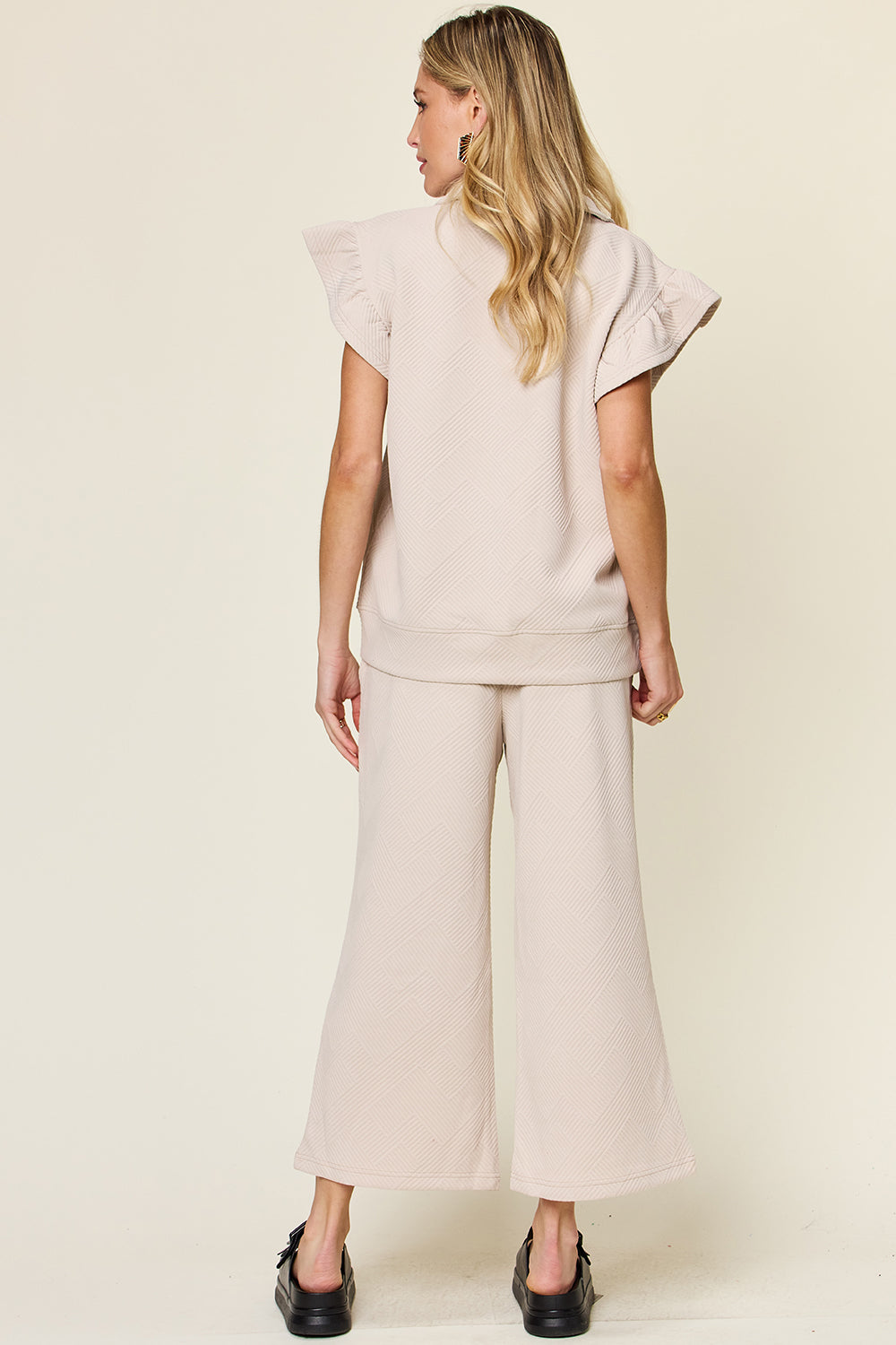 Texture Ruffle Short Sleeve Top and Drawstring Wide Leg Pants Set - 11 Colors