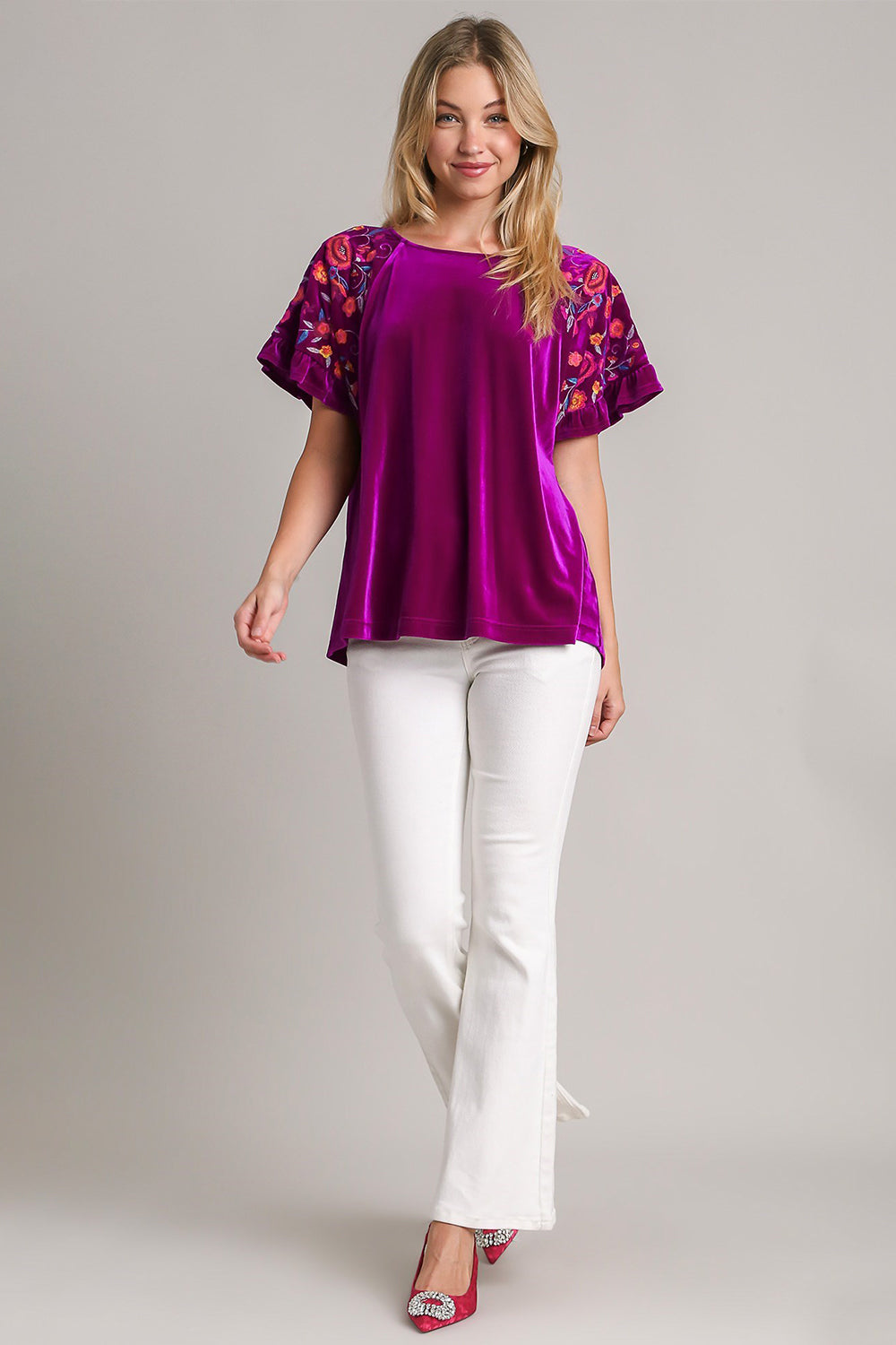 Velvet Embroidery Short Sleeve Blouse - Violet