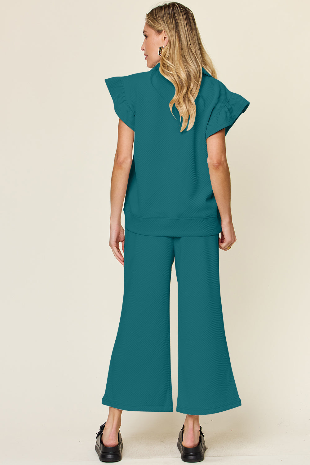 Texture Ruffle Short Sleeve Top and Drawstring Wide Leg Pants Set - 11 Colors