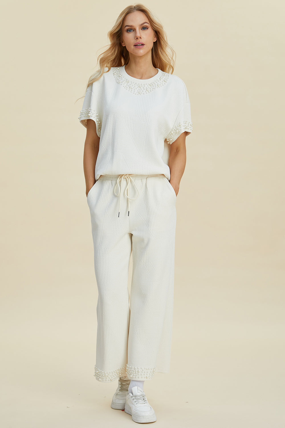 Pearl Detail Round Neck Top and Pants Set - 3 Colors