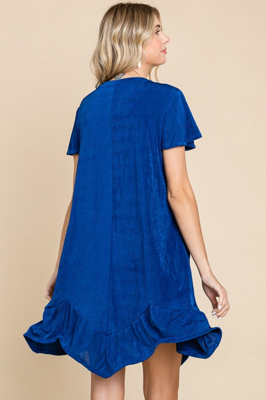 Short Sleeve Ruffled Asymmetric Hem Dress - Royal Blue