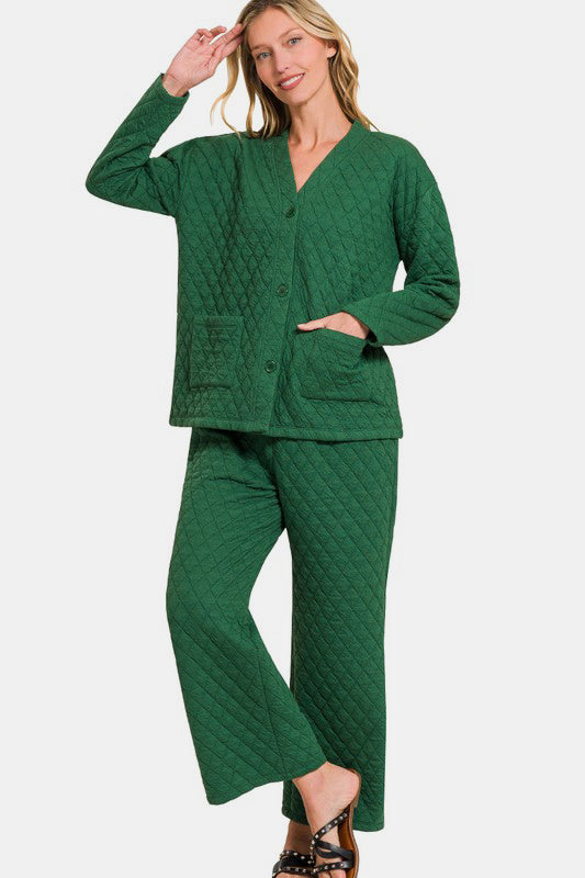 Quilted Button Up Long Sleeve Top and Pants Lounge Set - Green