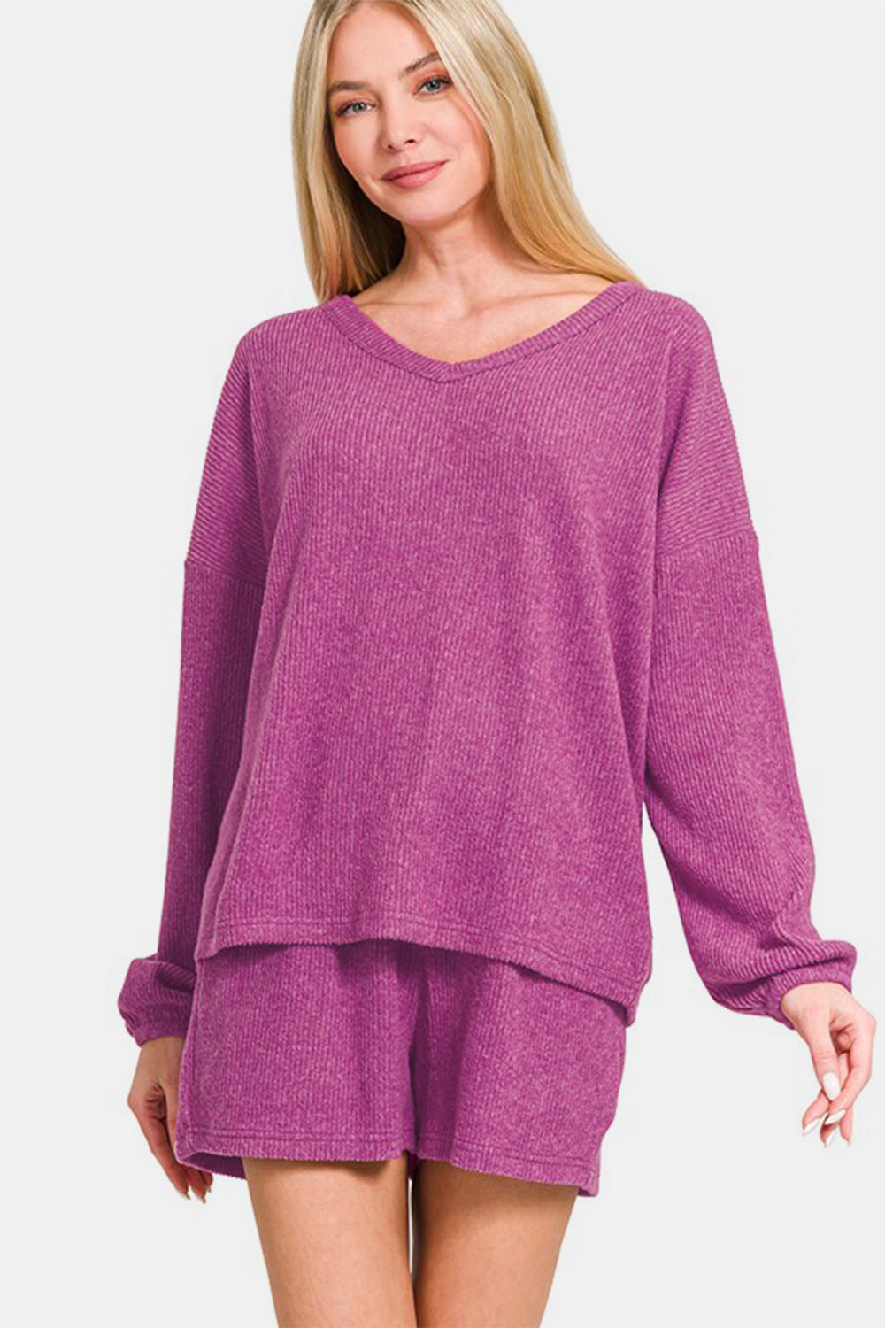 V-Neck Long Sleeve Ribbed Top and Shorts Set - Red Violet